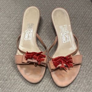 Vintage Salvatore Ferragamo Women's Coral-Accent Pink Suede Slide Sandals